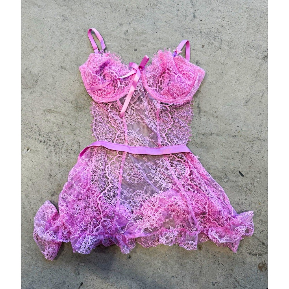 Victoria's Secret Pink Lace Teddy Babydoll Lingerie Underwire Ruffle Bow Sheer